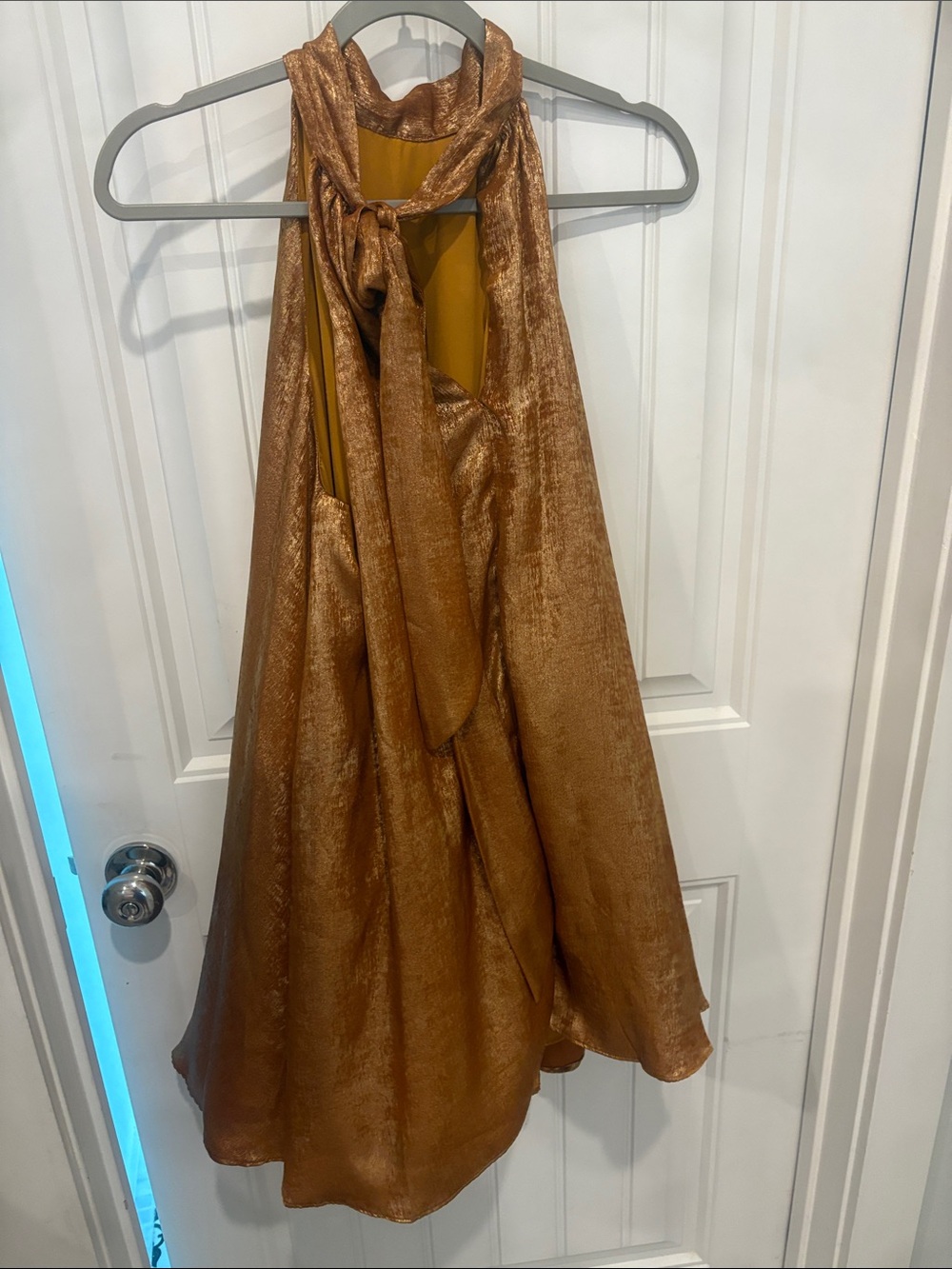 STORIA Metallic Gold Bronze Halter Tie Neck Mini Dress S - Picture 3 of 3